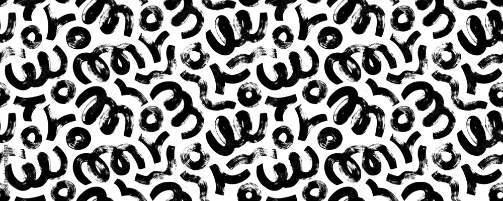 Brush and marker drawn bold doodle lines seamless banner design. Chaotic squiggles with thick circles.