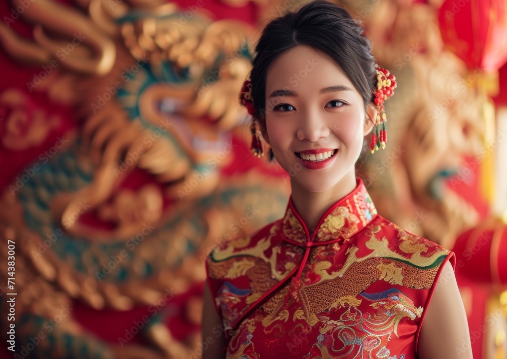 Fototapeta premium Chinese New Year Dragon Female Model Qipao Traditional Dress Background Wallpaper Image