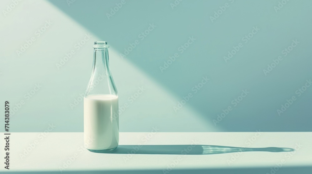 a bottle of milk sitting on top of a table next to a shadow of a person's head on the wall behind the bottle is a long shadow of the bottle. a bottle of milk sitting on top of a table next to a shadow of a person's head on the wall behind the bottle is a long shadow of the bottle.