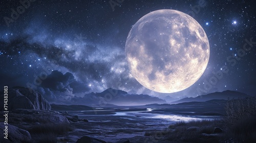  a full moon in the night sky over a body of water with a mountain range in the foreground and a body of water with a body of water in the foreground.