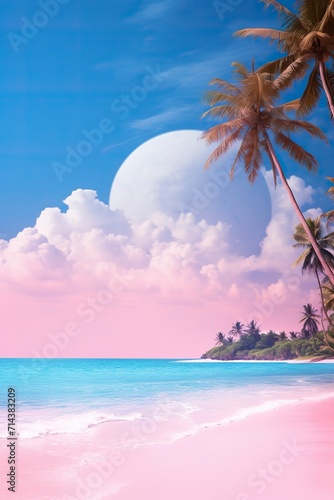 Tropical pink beach with ocean