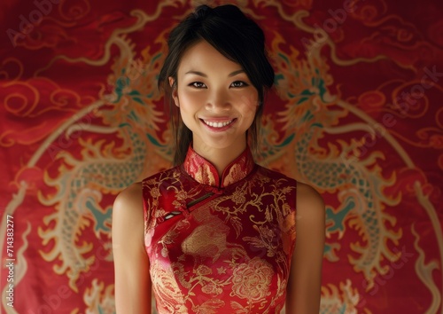 Chinese New Year Dragon Female Model Qipao Traditional Dress Background Wallpaper Image © DigitalFury