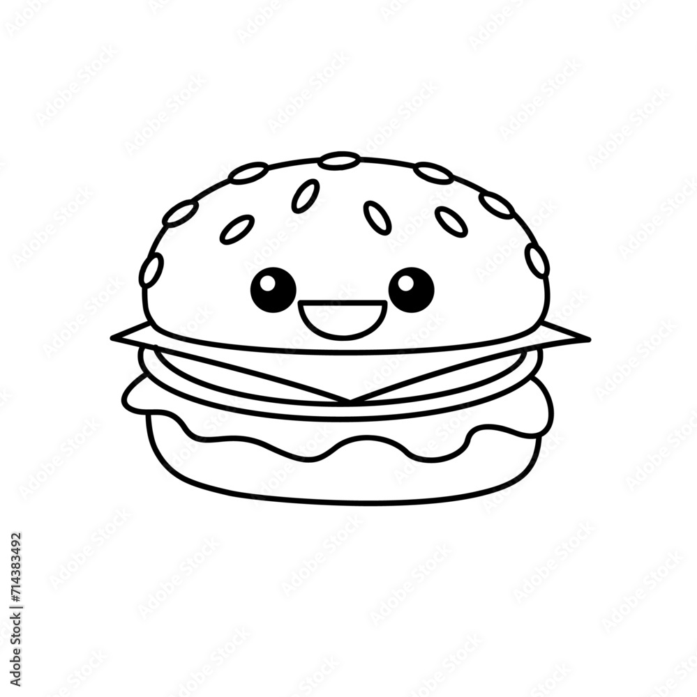 hamburger kawaii cute character Hand drawn coloring book illustration design hamburger kawaii cute character Hand drawn coloring book illustration design