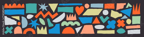 Colorful ripped and cutout paper torn strips and shapes collection. Torn paper in form of crowns, heart, basic geometric shapes, stars and crosses.