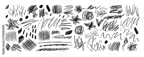 Messy doodles and curved lines drawn with pencil or charcoal. Vector scribble curly brush strokes.