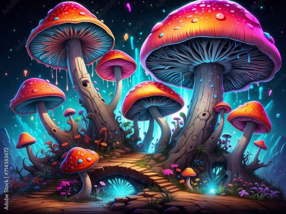 mushrooms in the woods over the Psychedelic galaxy