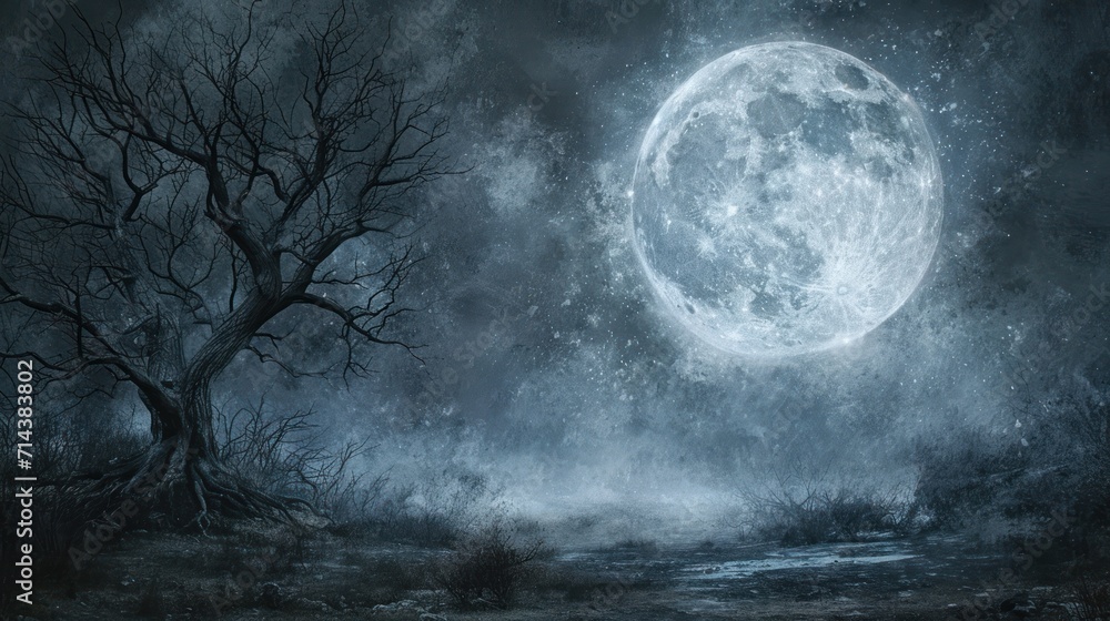 a painting of a night scene with a full moon in the sky and a tree in the foreground, with a stream running through the foreground, in the foreground. a painting of a night scene with a full moon in the sky and a tree in the foreground, with a stream running through the foreground, in the foreground.