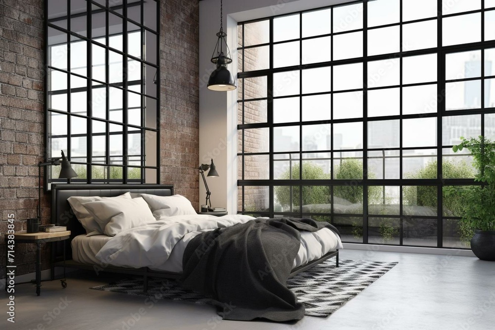 3D rendering of a loft style bedroom featuring a white brick wall, polished concrete floor, black steel structure, black furniture, and large windows with a view of nature. Generative AI - obrazy, fototapety, plakaty 