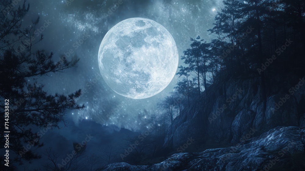 a night scene with a full moon in the sky and trees in the foreground, and a rocky outcropping on the far side of the image. a night scene with a full moon in the sky and trees in the foreground, and a rocky outcropping on the far side of the image.