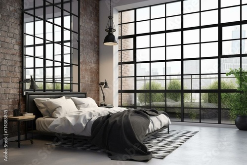 3D rendering of a loft style bedroom featuring a white brick wall, polished concrete floor, black steel structure, black furniture, and large windows with a view of nature. Generative AI photo