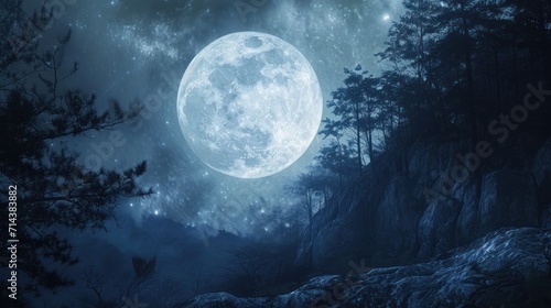  a night scene with a full moon in the sky and trees in the foreground, and a rocky outcropping on the far side of the image.