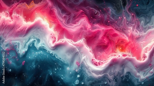 A vibrant abstract painting featuring a dynamic combination of pink and blue colors.