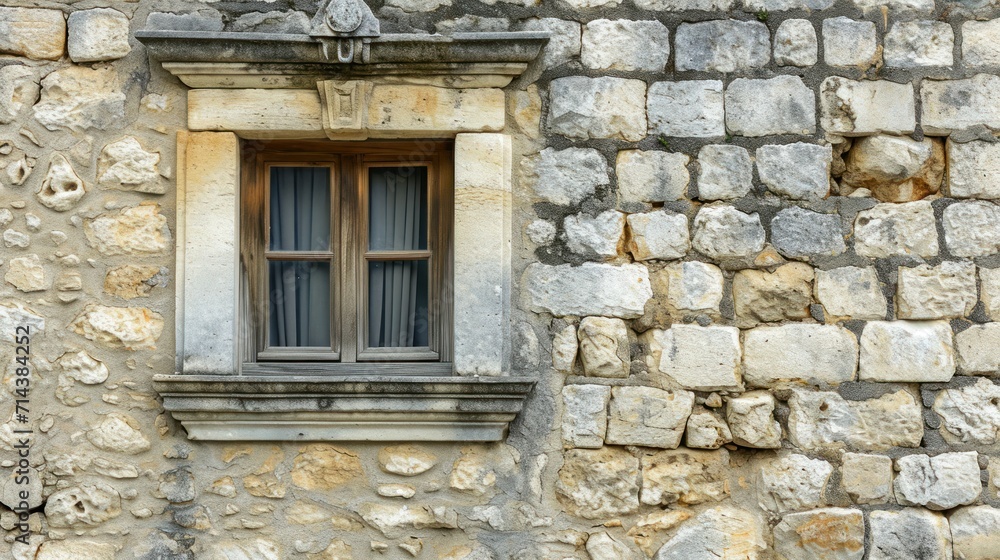  a stone building with a window and a bird sitting on the ledge of the window and a bird sitting on the ledge of the window sill above the window.