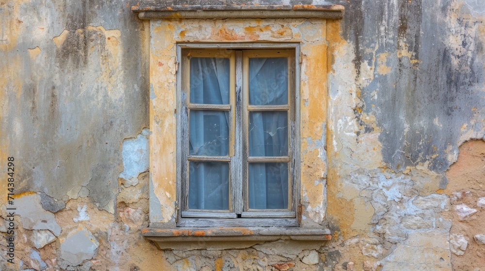  a window on the side of a building with peeling paint and a curtain hanging off the side of the window and a cat sitting on the side of the window sill.