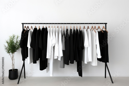 Stylish Wardrobe: A Fashionable Collection of White Clothes on Wooden Racks in a Modern Boutique photo