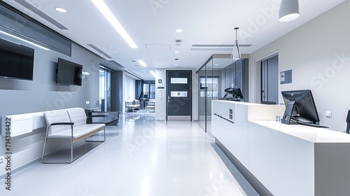 Contemporary Medical Office Reception with Sleek Furniture and Information Screens