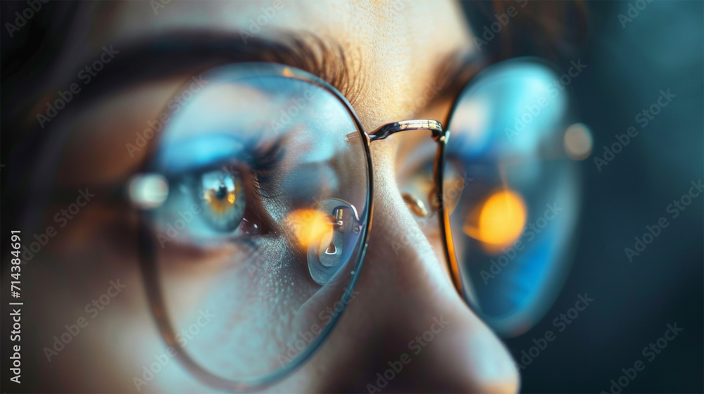close-up portrait of a woman in glasses with reflection of a computer screen with graphs and tables.  - obrazy, fototapety, plakaty 