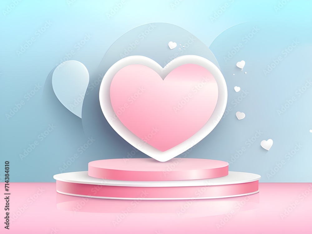 podium with pink heart and pink flowers. valentines day or valentine day background for product presentation