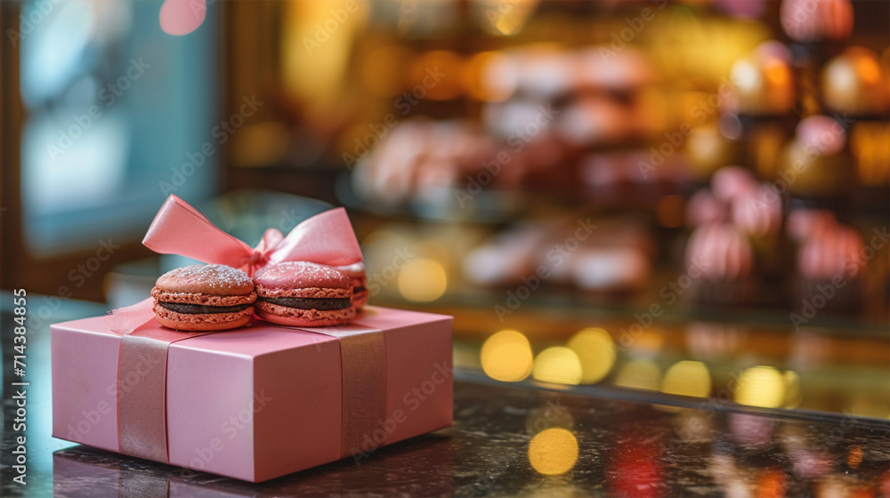 gift box with cakes on blurred background of a large sweets store, copy space gift box with cakes on blurred background of a large sweets store, copy space