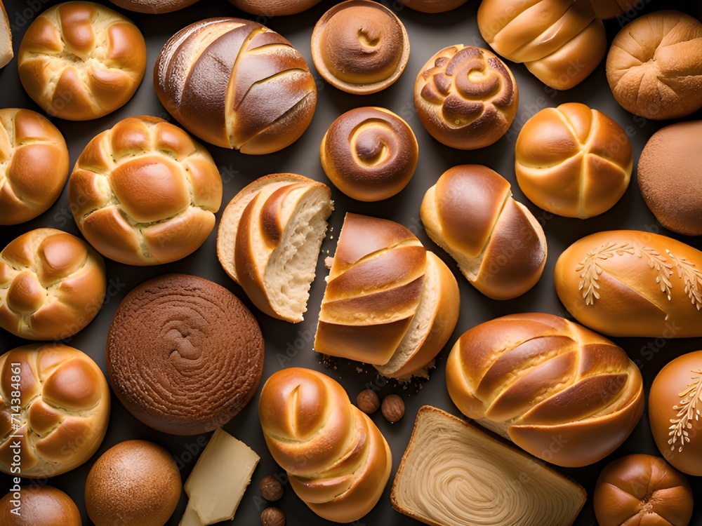 Fototapeta premium Bread background, top view of white, black and rye loaves on black