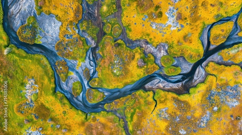  an aerial view of a river running through a green and yellow field with yellow grass and blue water in the foreground and a blue river running through the middle.