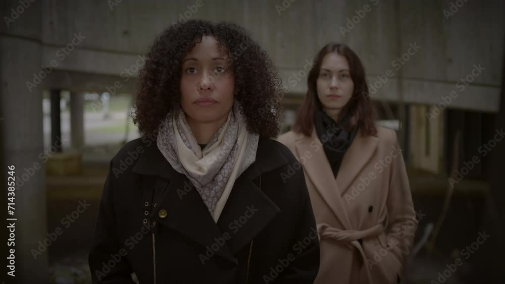 Elegant Stylish Female Models Looking at Creative Urban Architecture Exposition Elegant Stylish Female Models Looking at Creative Urban Architecture Exposition