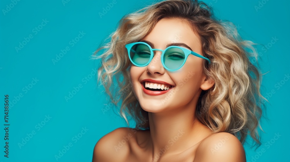 Closeup portrait of happy young woman with curly blond hair and blue sunglasses Closeup portrait of happy young woman with curly blond hair and blue sunglasses
