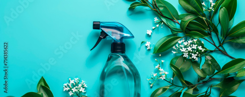 Blank plastic spray detergent bottle and spring flowers on blue background. Springtime flat lay composition. Spring cleaning and hygiene concept. Minimalistic design for banner, poster with copy space