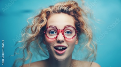 Surprised young woman in red glasses looking at camera over blue background