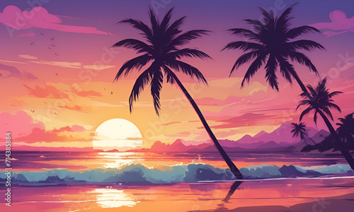 sunset over beach with palm tree silhouettes