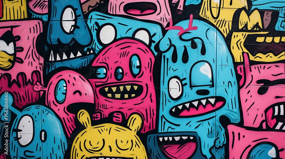 blue, pink and black doodle characters graffiti digital wallpaper, street art --ar 16:9 --v 6 Job ID: 4d424eeb-4b6d-4b21-9d70-10e1d2540dcd