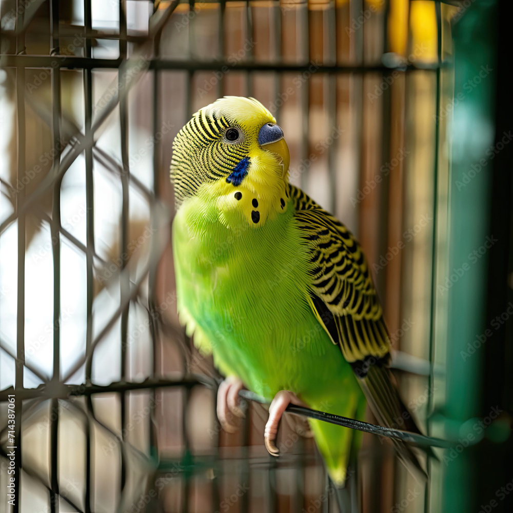 Obraz premium Cheerful Parakeet Chirping in a Cage - Toys and Face-to-Face View