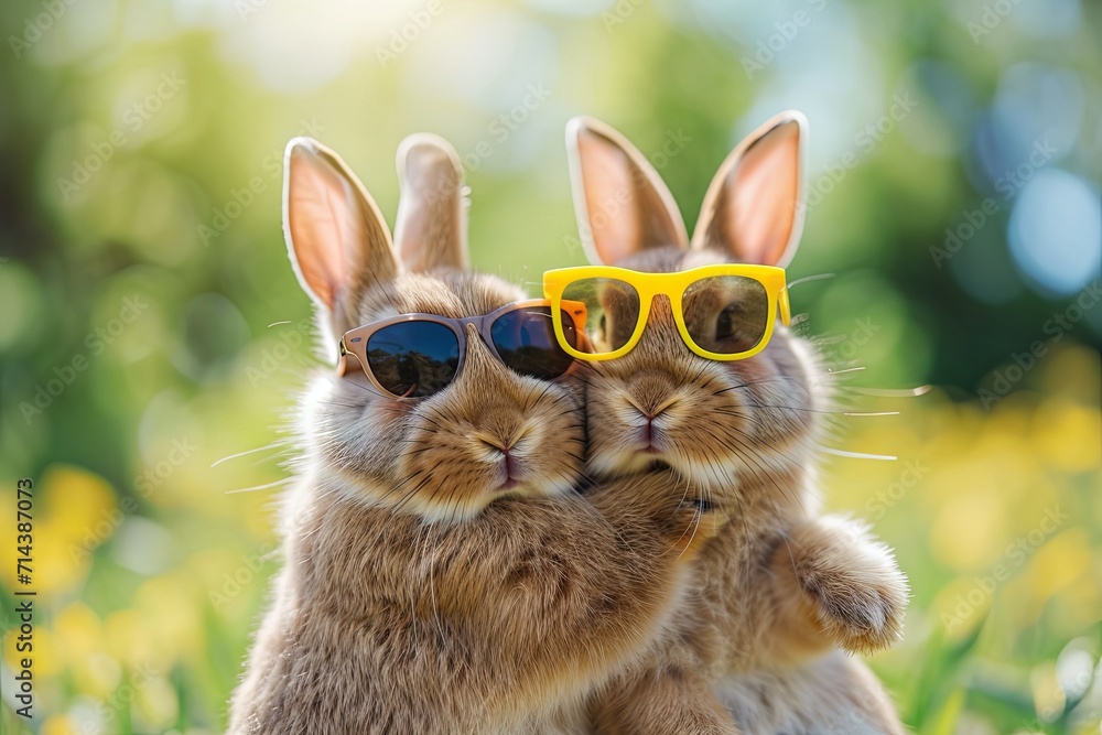 Two cute Easter bunnies with sunglasses hugging each other.