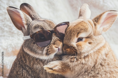 Two cute Easter bunnies hugging each other.