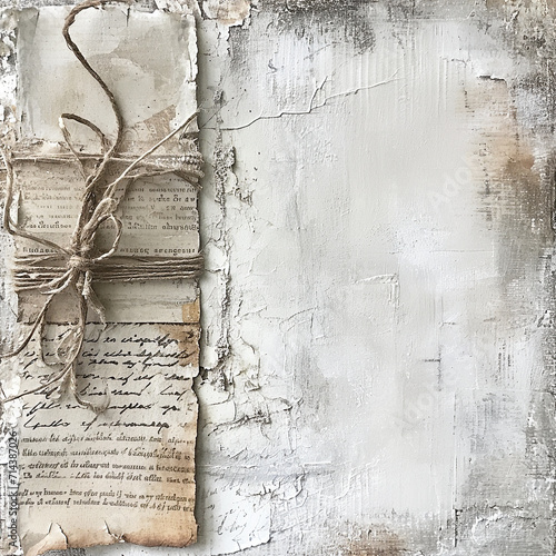 Scrapbook layout with aged script pages on distressed white  textured canvas background