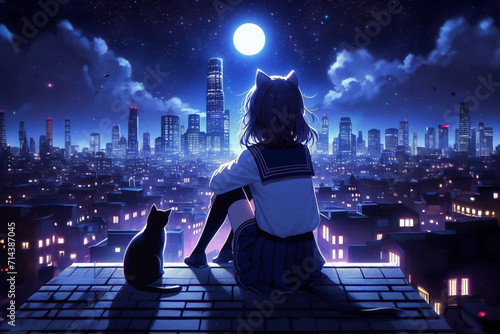 girl sitting on roof and looking at the night city and moon. be side cat