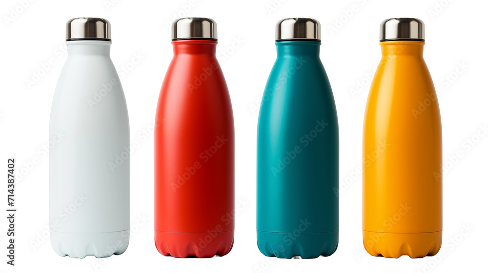 Four stainless steel water bottles in different colors. Four stainless steel water bottles in different colors.
