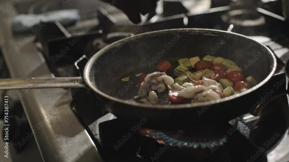Cooking on Stove: Frying Pan Filled With Food Cooking on Stove: Frying Pan Filled With Food