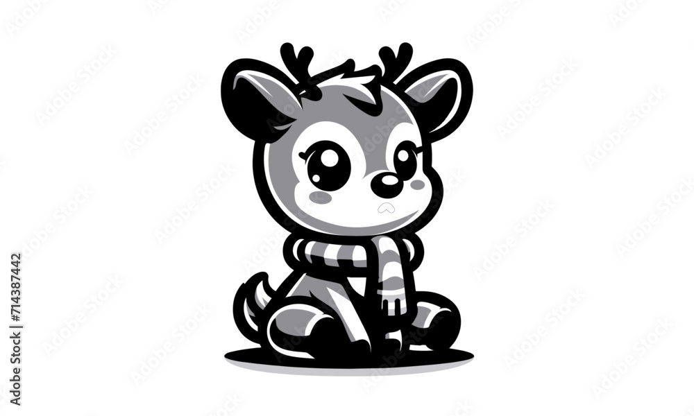 cute cartoonish deer having muffler in his neck logo icon , cute deer silhouette or vector illustration