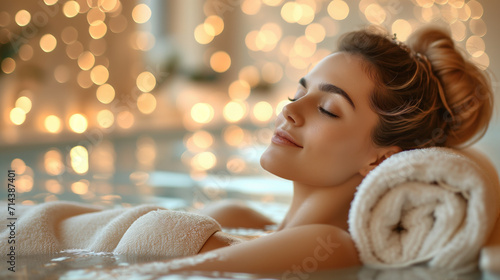 Beautiful young woman relaxing in bathtub with bokeh lights on background
