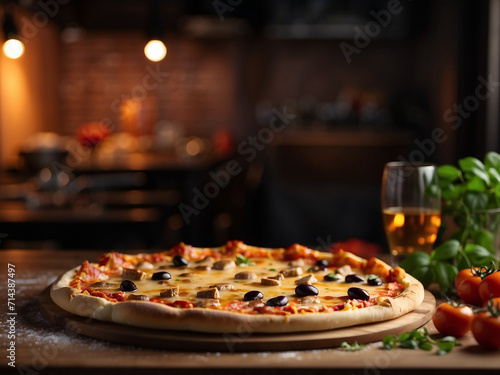 illustration of pizza with drink on a table and blurred kitchen background . Copy Space For Text. Generative AI images