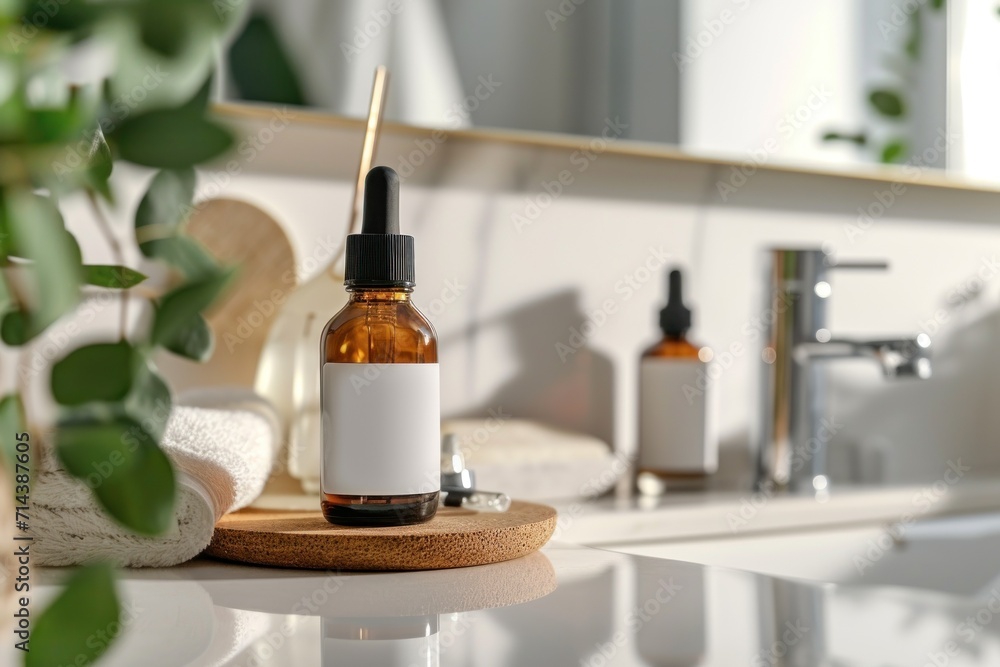 Dropper serum bottle with pipette with blank label on lihgt bathroom background Dropper serum bottle with pipette with blank label on lihgt bathroom background
