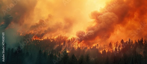 Enormous forest blaze engulfs mountain, casting massive smoke cloud.