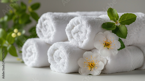 Towels with flowers on white table  closeup. Spa concept