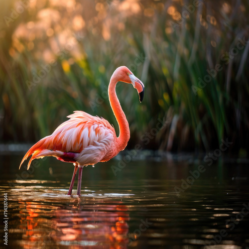 Elegant Flamingo Standing in a Lake - Reeds and Reflections