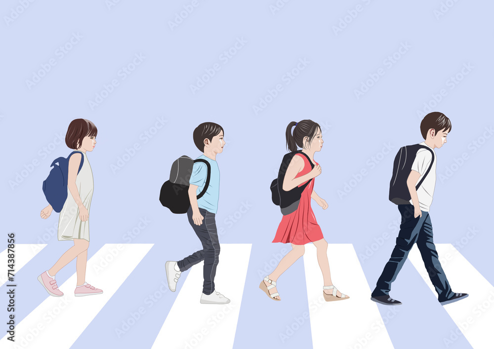 Naklejka premium 横断歩道を歩く四人の子供イラスト