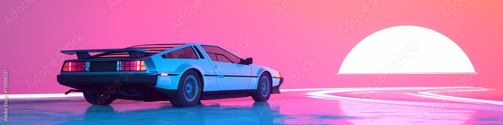 Retro Sythwave 80s style pink car motor transportation Ultrawide background - Generative ai Retro Sythwave 80s style pink car motor transportation Ultrawide background - Generative ai