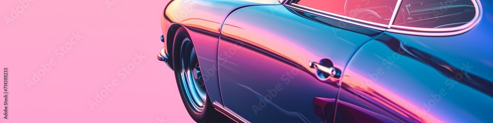 Naklejka Retro Sythwave 80s style pink car motor transportation Ultrawide background - Generative ai