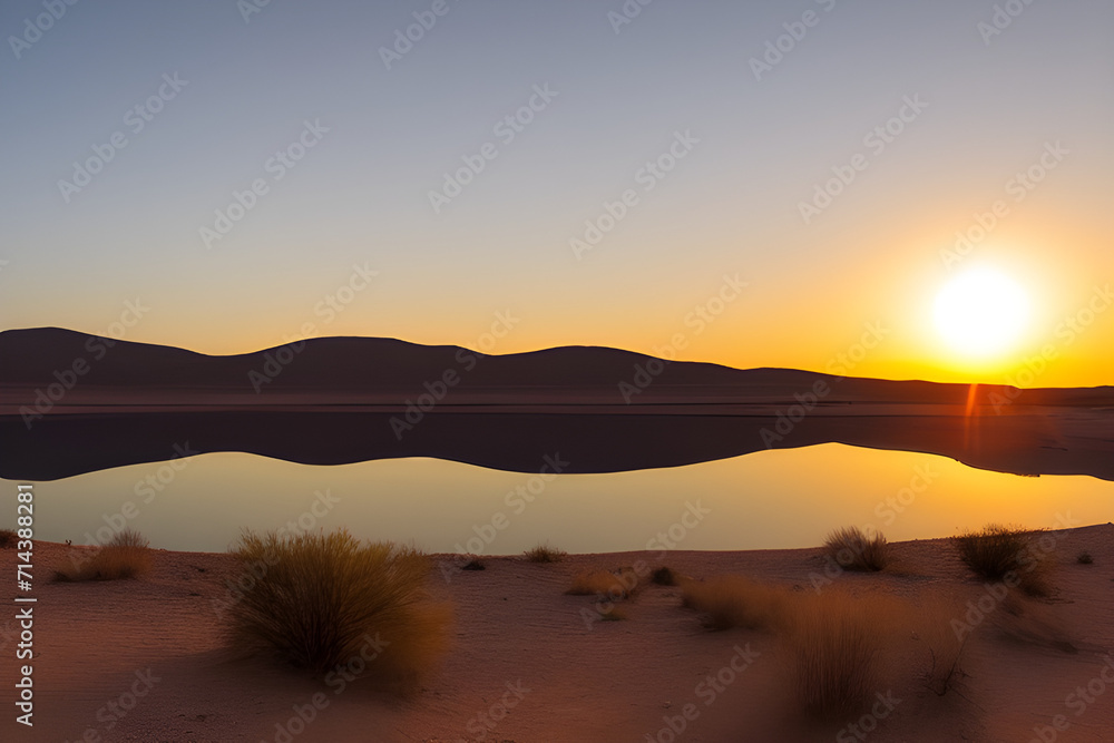 There is a lake in the hot desert at sunset