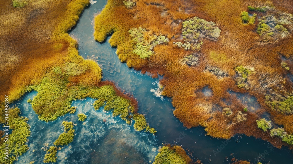 Fototapeta premium a bird's eye view of a river running through a land covered in brown and green grass and trees, with a blue body of water in the foreground.